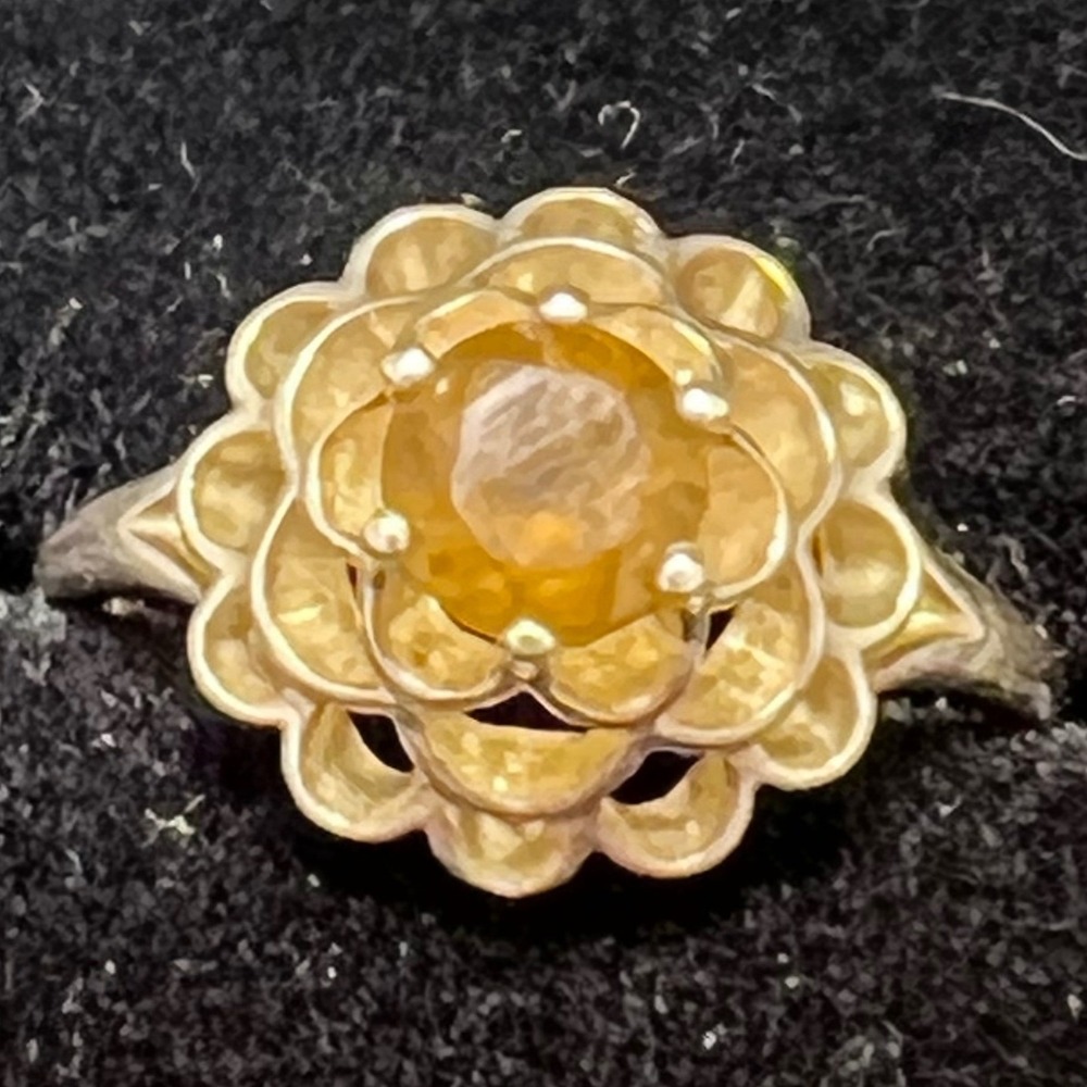 Vtg Avon Yellow Citrine Scalloped Floral Cocktail Ring Sterling Silver Sz‎ 6
